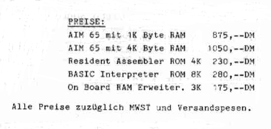 AIM-65 Preisliste von 1979